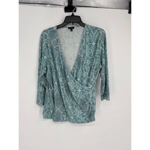 Talbots Top Women 1XP Teal Paisley Surplice Wrap 3/4 Sleeve Knit Blouse